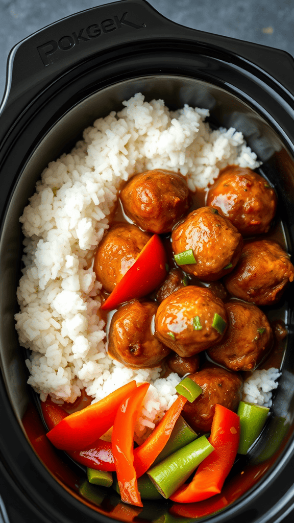 A bowl of sweet and sour meatballs with rice and colorful bell peppers.