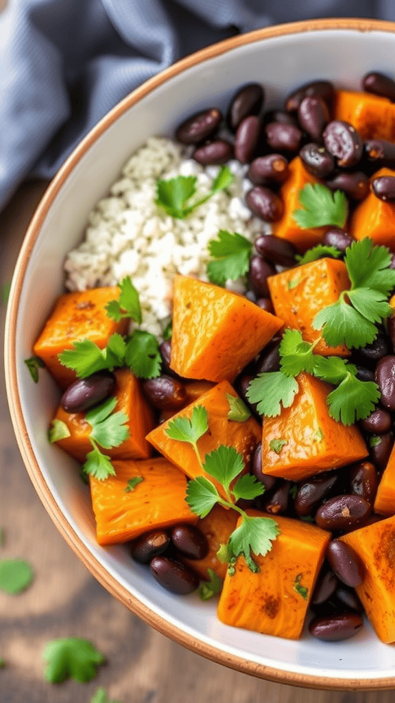 A bowl filled with sweet potato, black beans, and fresh cilantro.