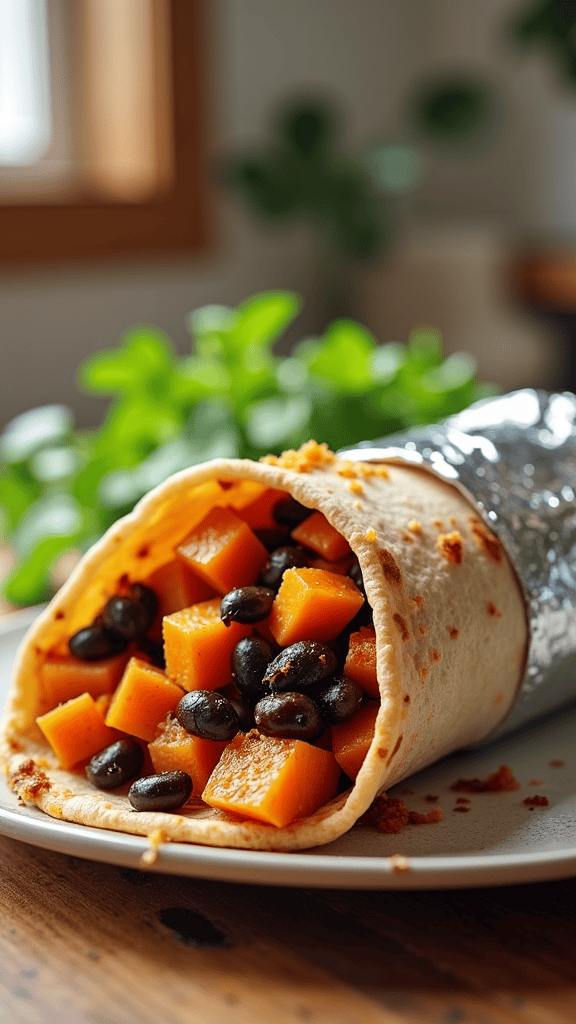 A delicious sweet potato and black bean burrito filled with colorful ingredients.