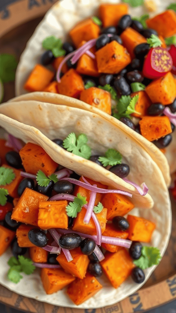 Two tacos filled with roasted sweet potatoes, black beans, red onions, and cilantro