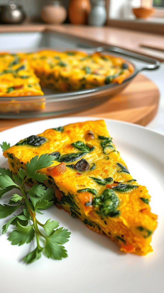 A slice of sweet potato and spinach frittata garnished with cilantro on a plate, with the frittata in a baking dish in the background.