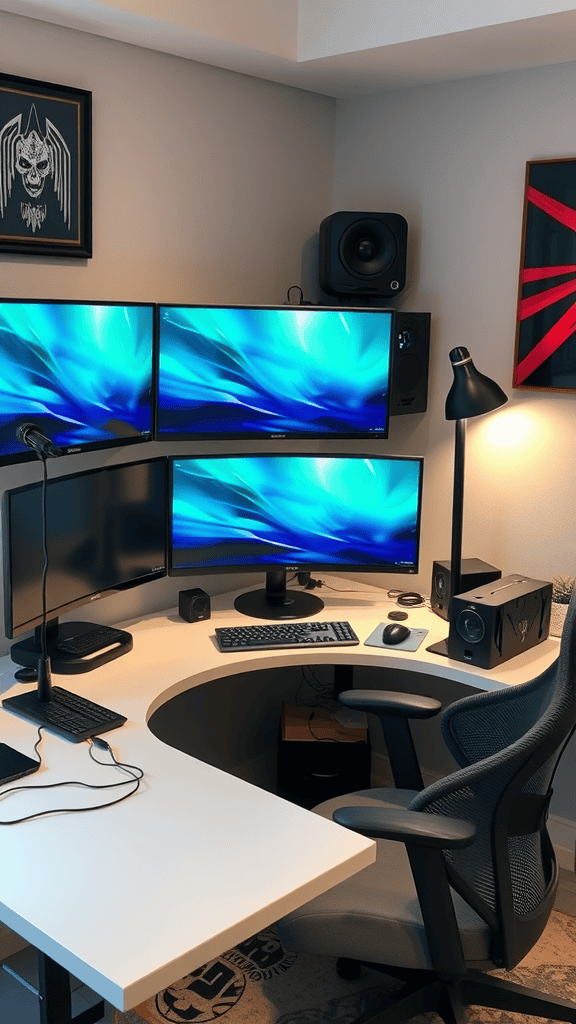 A modern workspace featuring three monitors, a curved desk, ergonomic chair, and audio speakers.