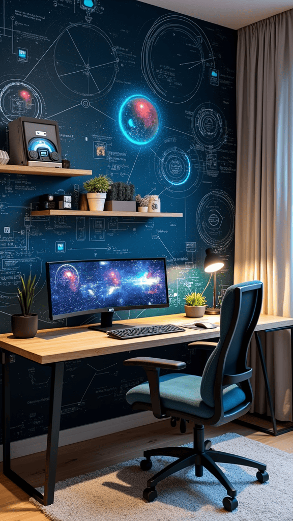 A modern home office with cosmic-themed wallpaper, featuring glowing planets and circuit designs, complemented by a sleek desk and ergonomic chair.