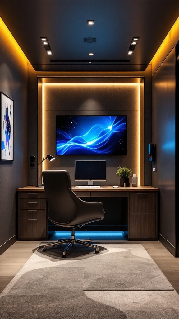 A modern office with sleek design, featuring a large screen, ergonomic chair, and warm lighting.