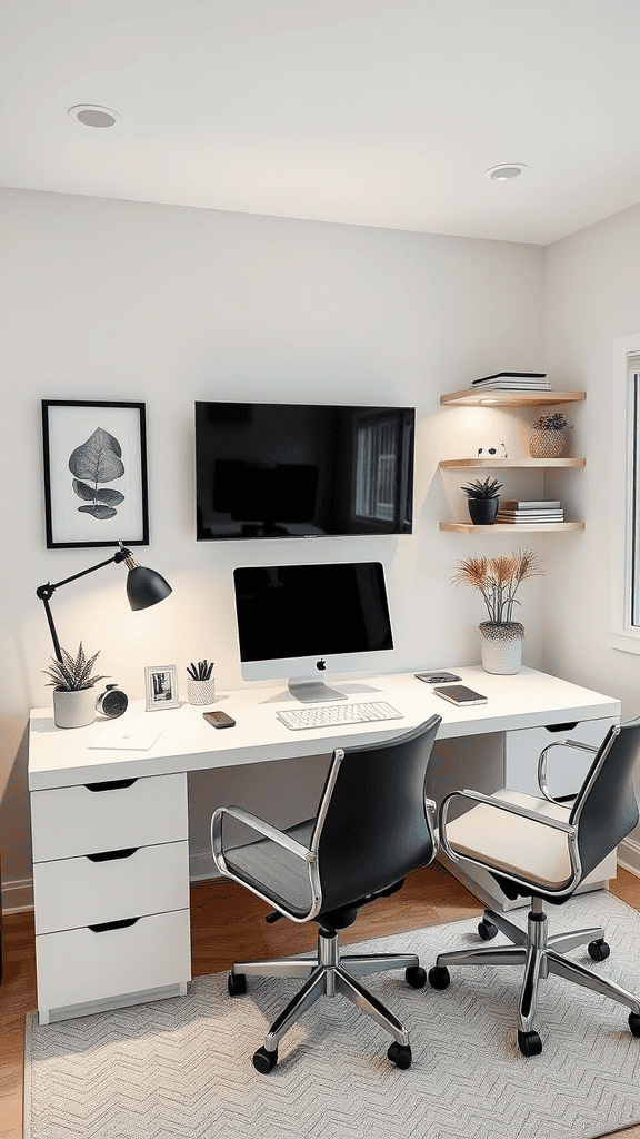 A cozy home office with a minimalist aesthetic featuring a white desk, black chairs, and potted plants.