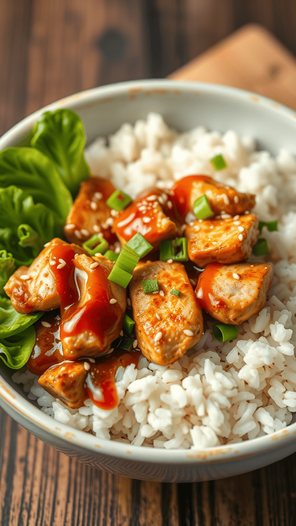 A delicious teriyaki chicken rice bowl with chicken pieces, teriyaki sauce, green onions, and lettuce on a bed of rice.