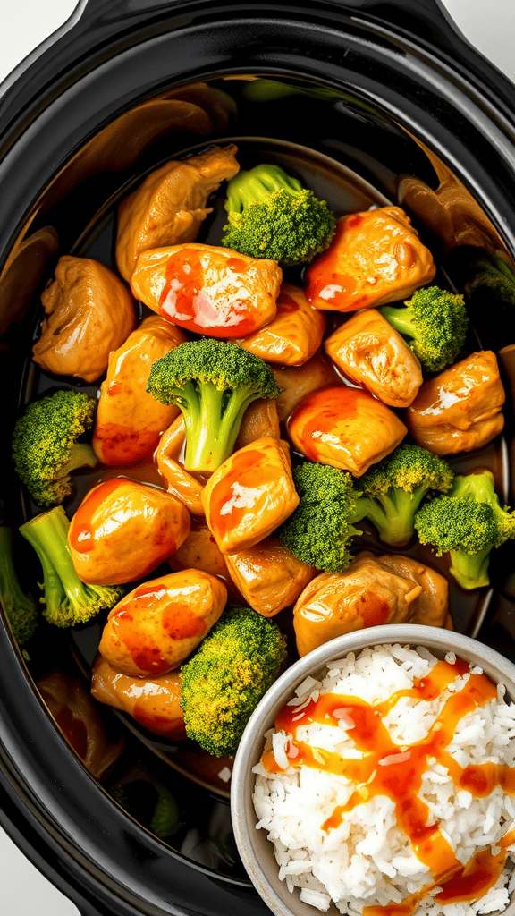 Crockpot with teriyaki chicken, broccoli, and a side of rice