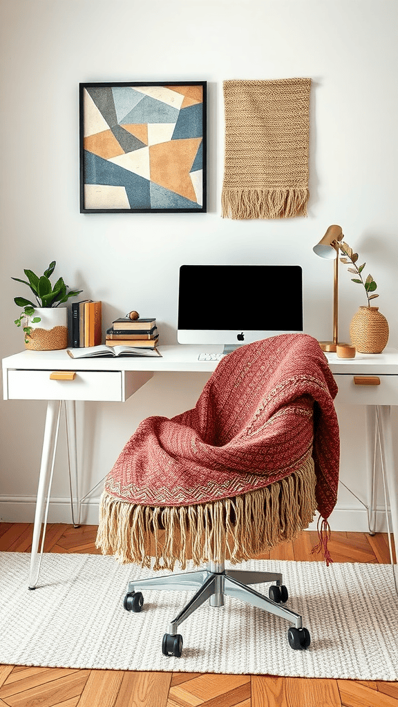 A cozy workspace featuring a red patterned throw blanket on a modern chair, alongside plants and books.