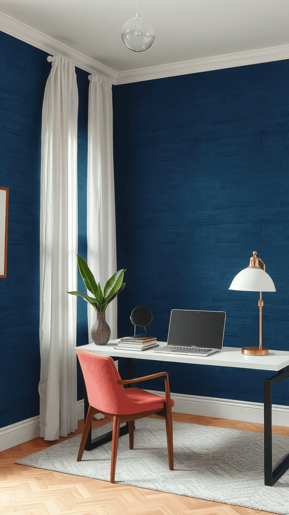 A cozy workspace featuring textured navy wallpaper, a modern desk, and a stylish chair.