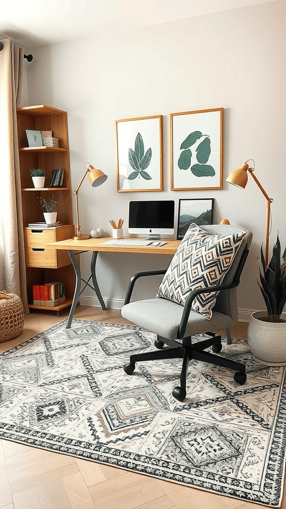 A cozy workspace featuring a textured rug, a wooden desk, and layered fabrics.