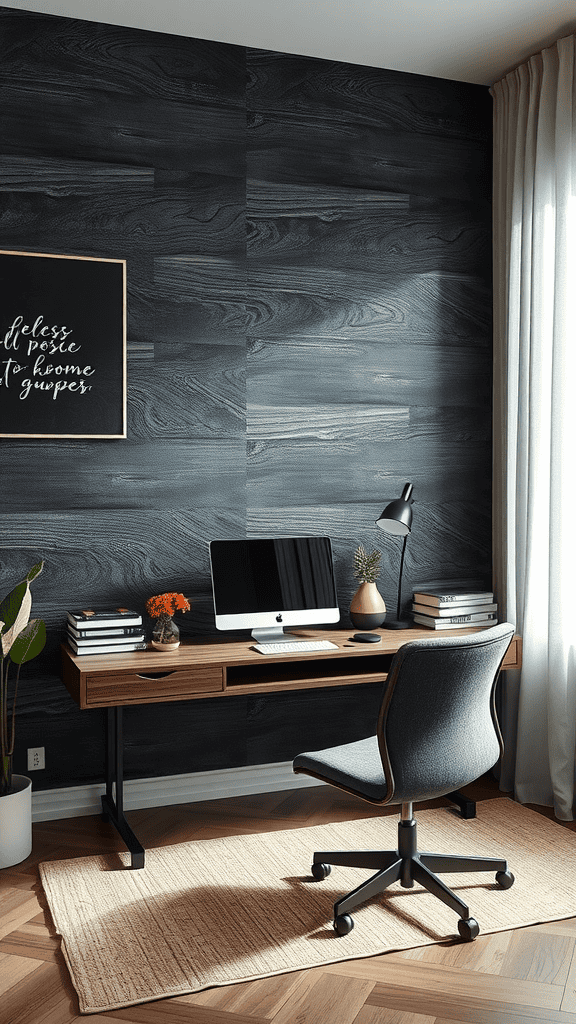 A modern workspace featuring a textured dark wall, wooden desk, and a comfortable chair.