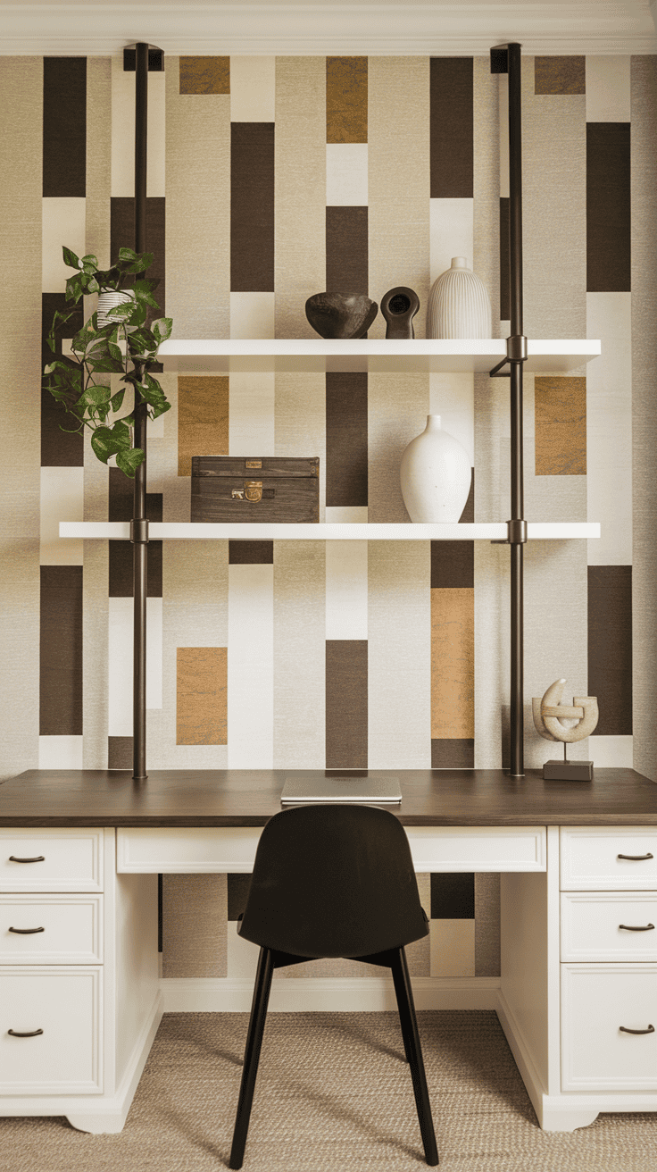 A modern workspace with a textured wall featuring various panels in brown and cream. A desk with a black chair and decorative shelves is in front.