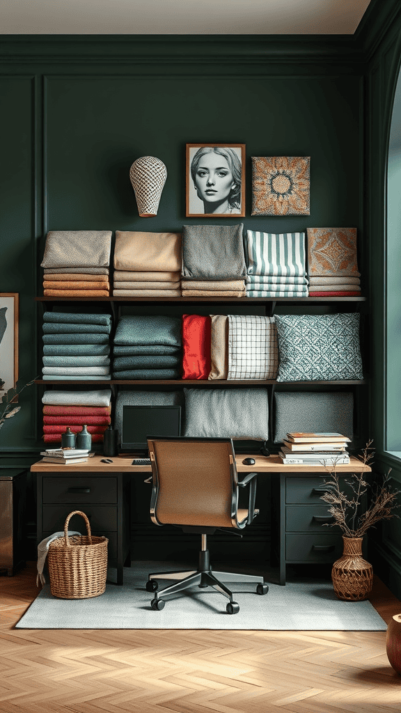 Cozy workspace featuring dark green walls, shelves with various fabrics, and a stylish desk