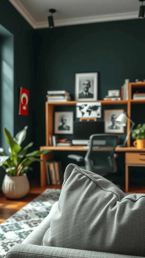 Cozy living space featuring dark green walls, a comfortable gray couch, and a stylish wooden desk with decor.