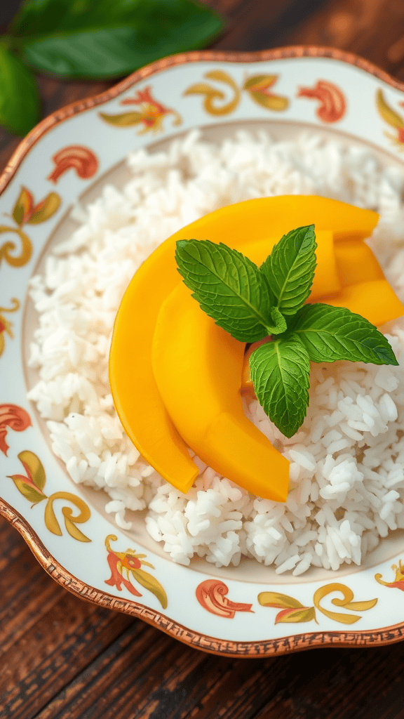 A plate of Thai coconut rice topped with yellow mango slices and fresh mint leaves.