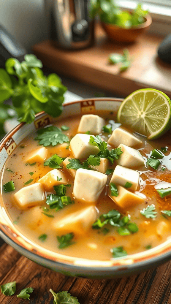 A bowl of Thai coconut soup with tofu, garnished with cilantro and a slice of lime.