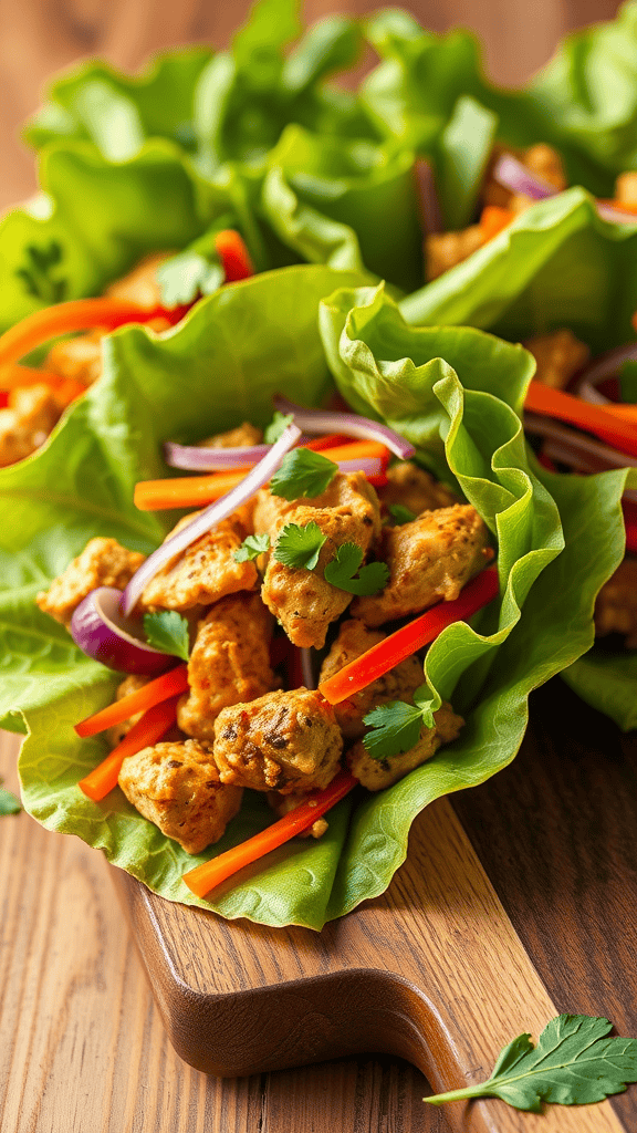 Thai peanut chicken lettuce cups with colorful vegetables