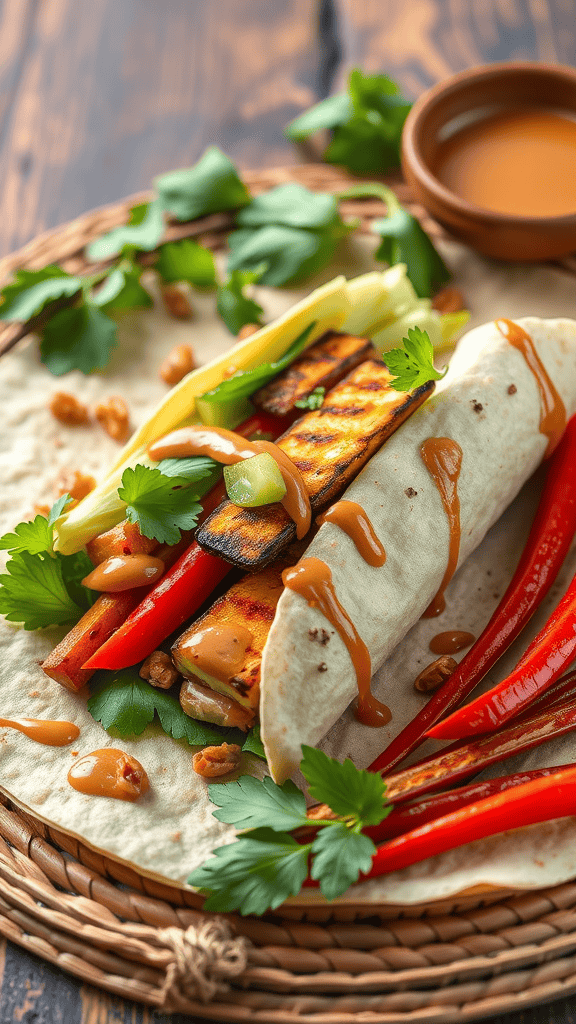 A Thai peanut grilled vegetable wrap on a woven plate, garnished with fresh cilantro and peanuts.