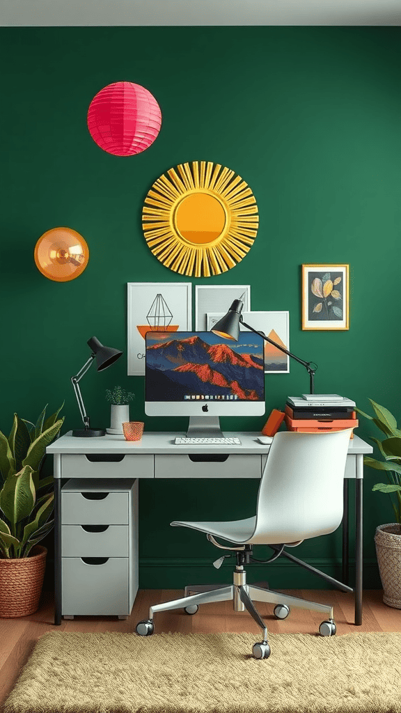 A stylish home office with a dark green wall, desk, and colorful decor.