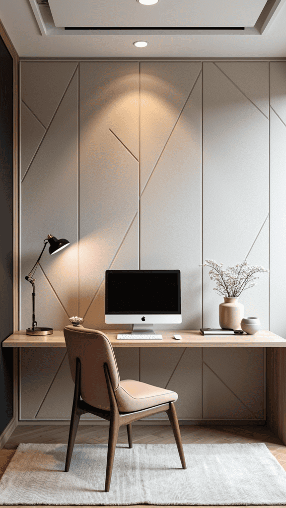 A modern office space featuring a geometric wall design, a wooden desk with a computer, and a pink chair.