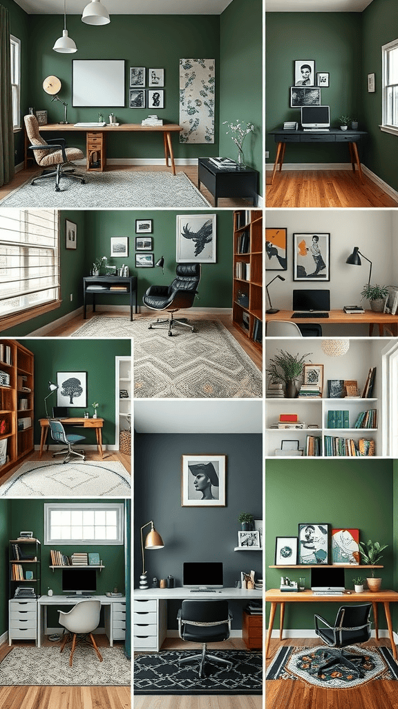 Various home office spaces featuring dark green walls and stylish furniture.