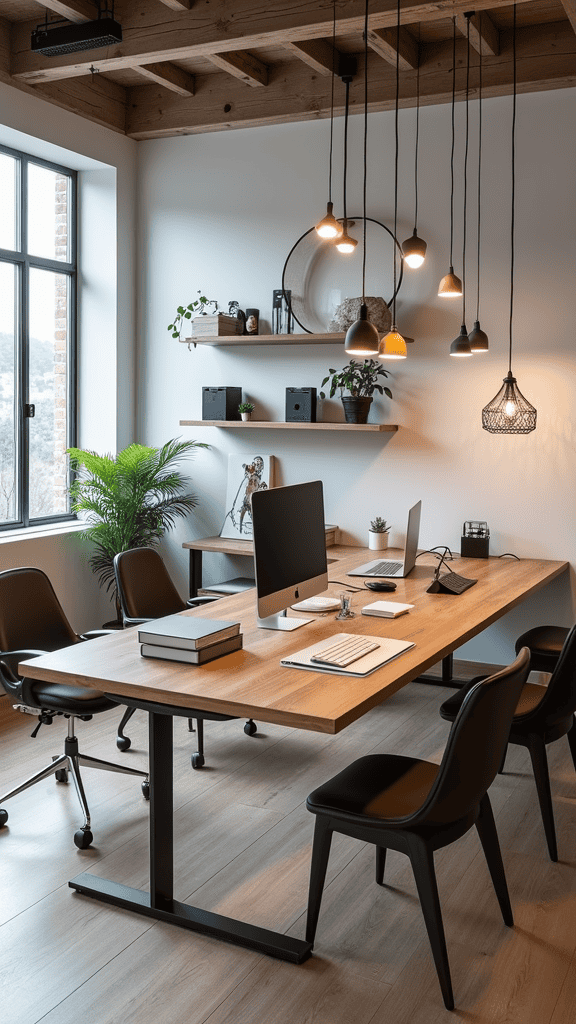 A modern and stylish home office with a large wooden desk, sleek chairs, and plants, featuring natural light and elegant design elements.