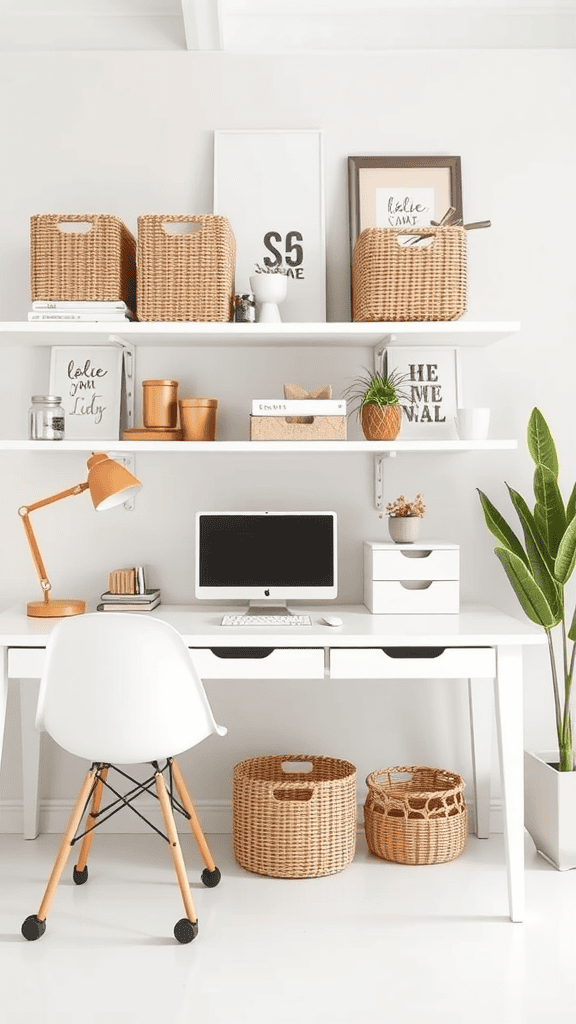 A cozy minimalist home office with a white desk, computer, and decorative baskets