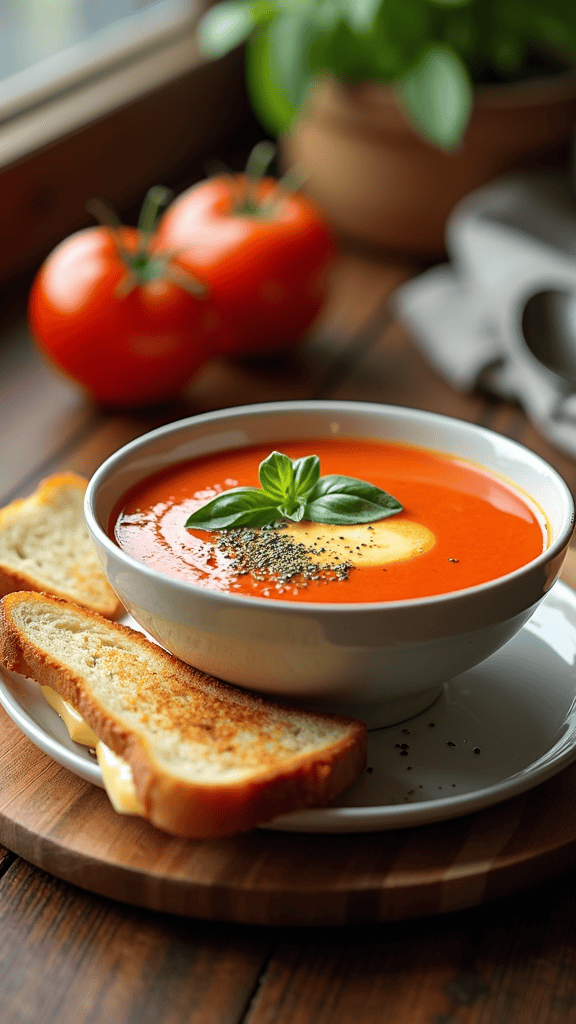 A bowl of tomato basil soup garnished with basil, served with grilled cheese sandwiches on a wooden surface