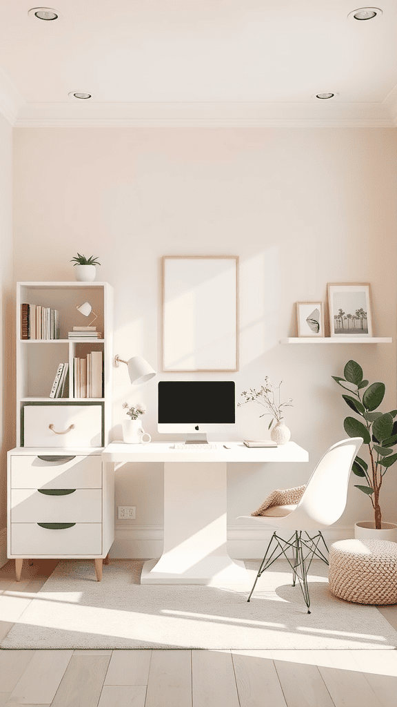 A bright, tranquil home office featuring pastel pink walls, a white desk, and greenery.