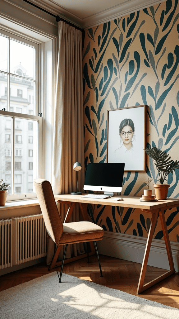 A cozy home office with bold leaf-patterned wallpaper, wooden desk, and plants.