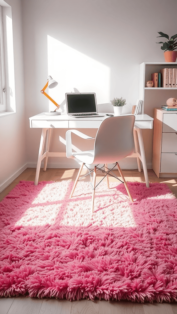 A stylish pink shag rug placed under a modern desk and chair, with a laptop and lamp on the desk.