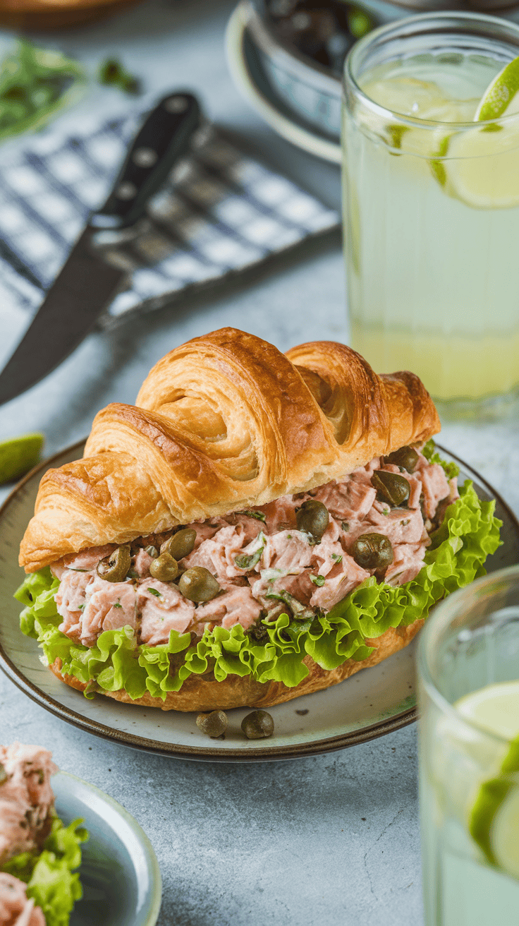 A delicious tuna salad croissant with capers and lettuce on a plate.