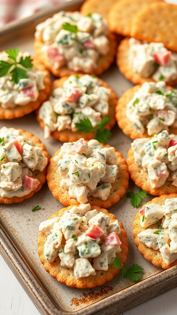 Tuna salad on whole grain crackers topped with herbs and chopped vegetables