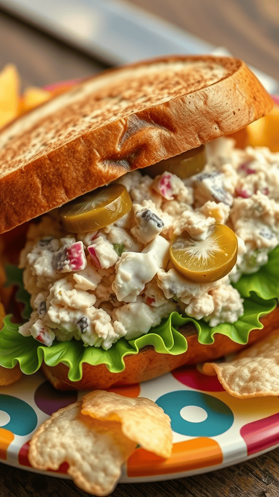 A tuna salad sandwich with dill on toasted bread, surrounded by potato chips on a colorful plate.