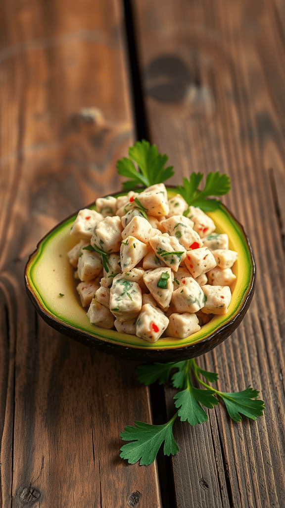 A halved avocado filled with tuna salad, garnished with parsley, on a wooden table.