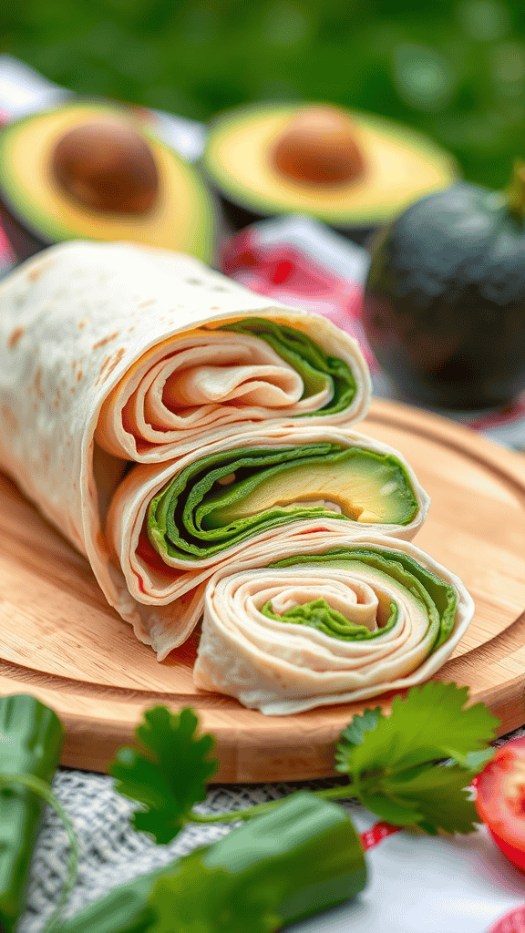 Turkey and avocado pinwheels displayed on a wooden board with fresh ingredients in the background.