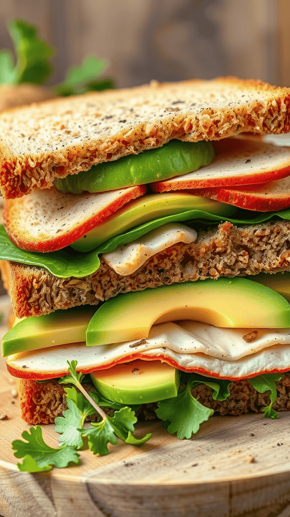 A delicious turkey and avocado sandwich with fresh greens and whole grain bread.