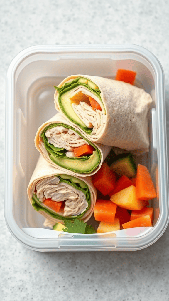 A Turkey and Avocado Wrap with fresh vegetables in a container