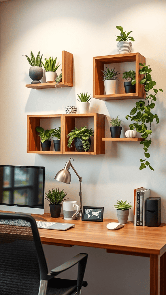 Stylish wall shelves with plants and decor above a modern desk