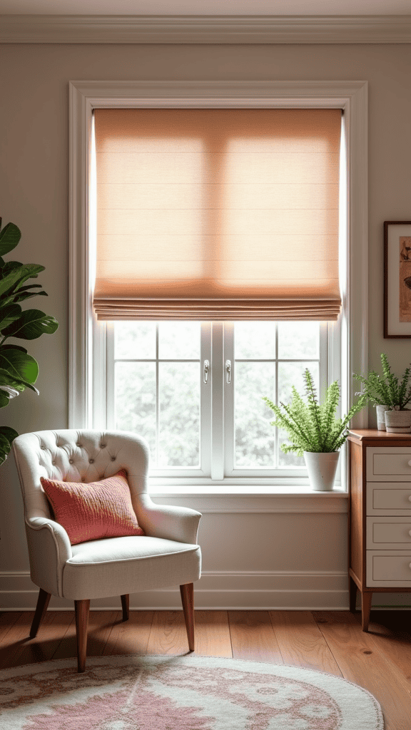 A cozy home office corner featuring peach roller shades, a stylish chair, and indoor plants