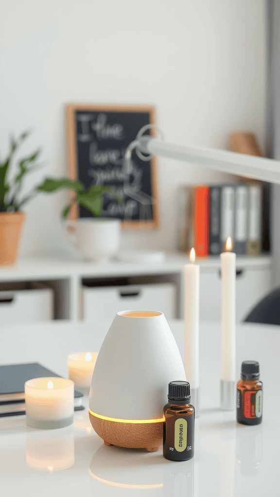 An aromatherapy diffuser with essential oils and candles on a clean workspace.