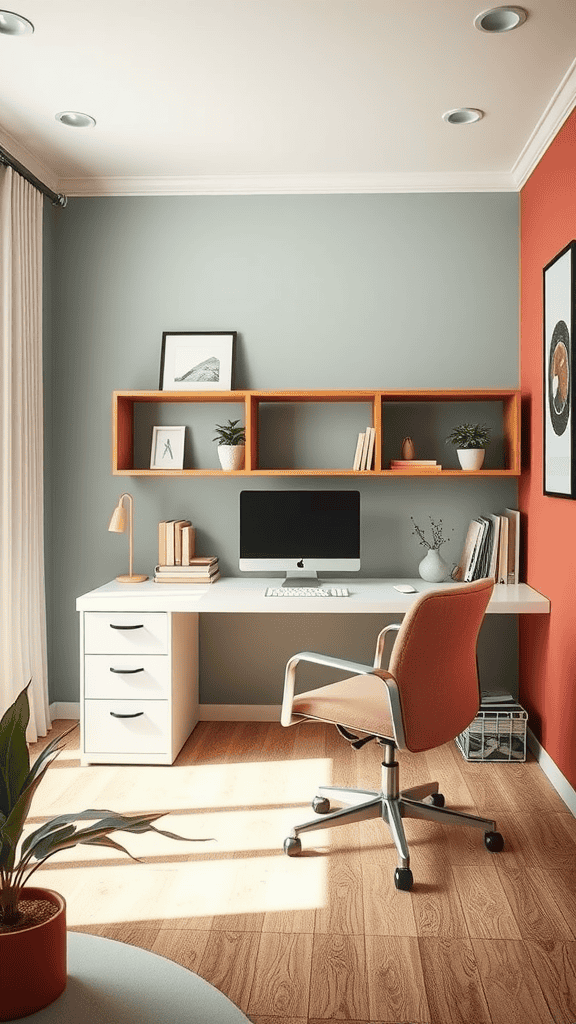 A cozy office space with grey and orange walls, a white desk, a computer, and houseplants.