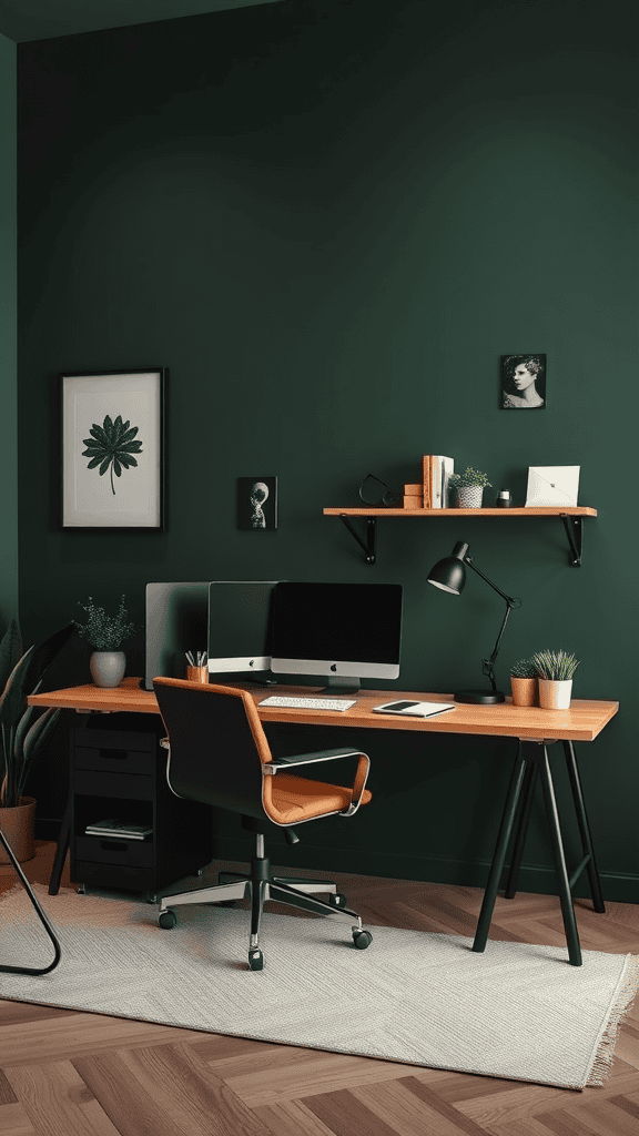 A cozy workspace featuring dark green walls, a wooden desk, two monitors, and stylish decor.