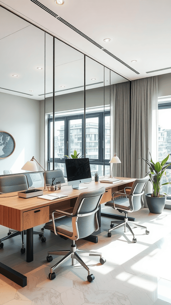 A bright and modern office space with large mirrors reflecting light.