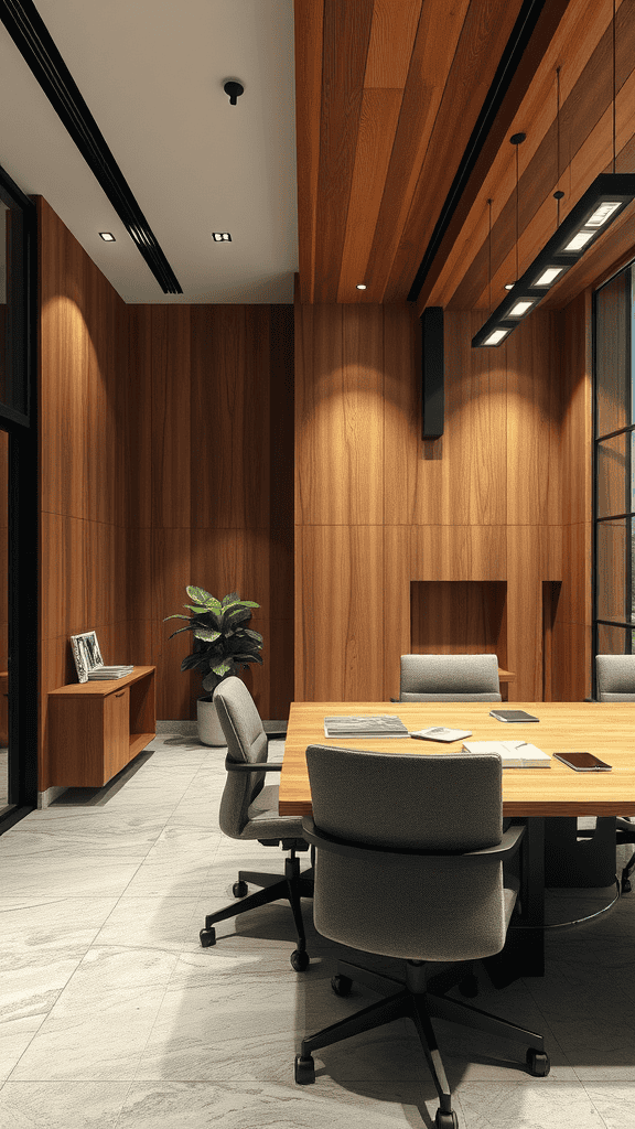 A modern office interior featuring wooden walls, a large wooden table, and comfortable chairs, complemented by a green plant.