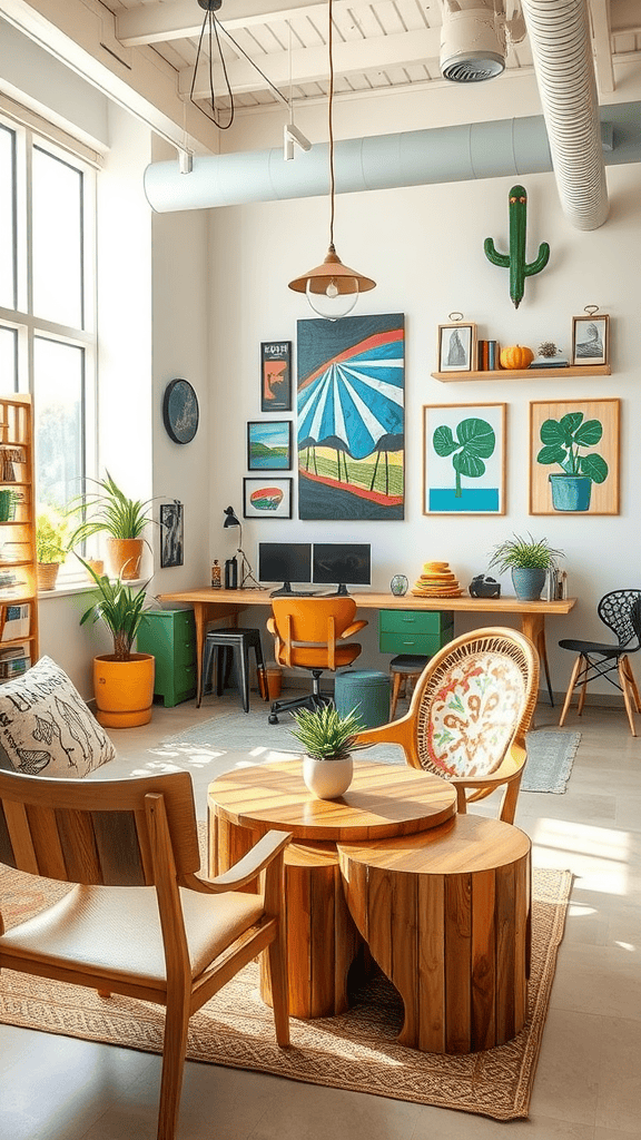 A bright and colorful room with recycled decor elements, including wooden tables, plants, and artwork.