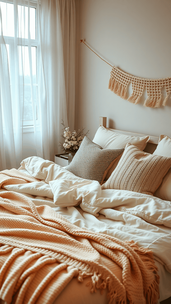 Cozy bedroom with layered textiles including blankets and pillows