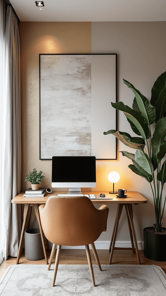 Cozy home workspace with decorative wallpaper and wooden desk.