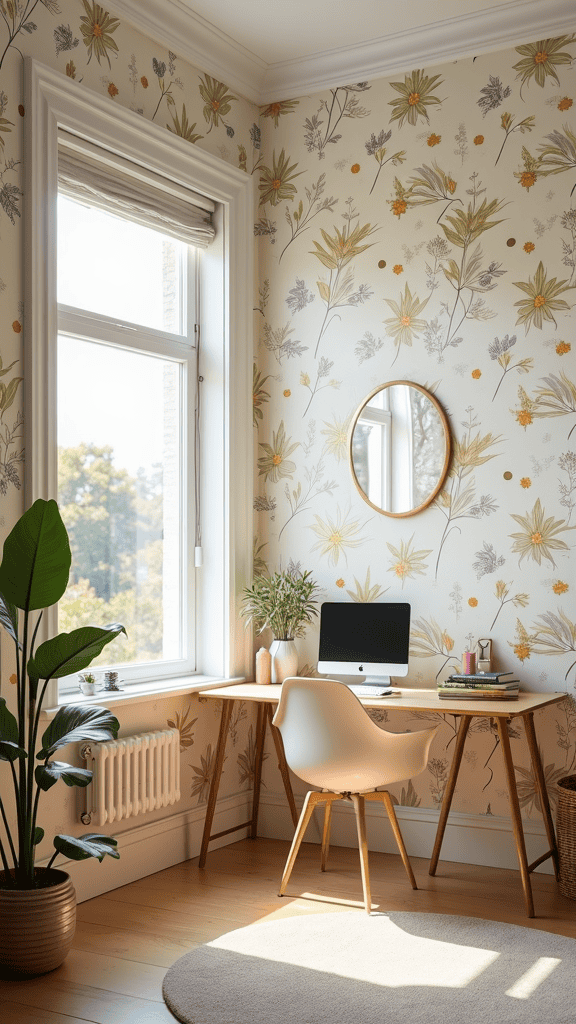 Brightly lit workspace with floral wallpaper, desk, and plant.