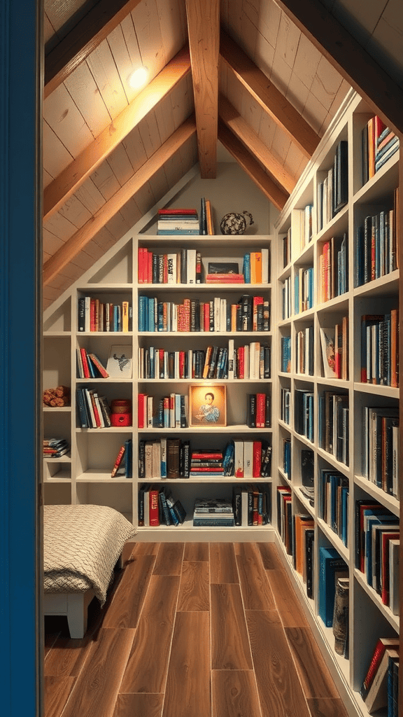 Cozy attic space with built-in shelving filled with books.